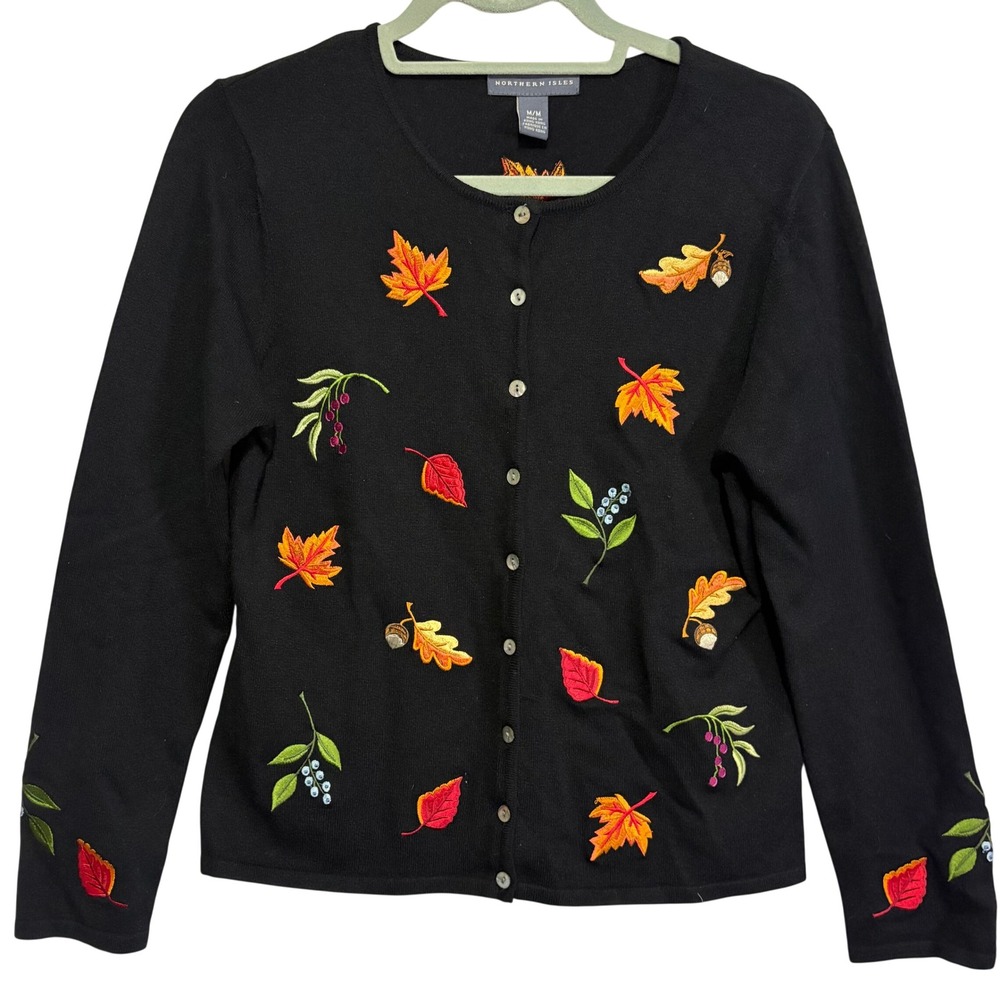 Northern Isles Womens M Black Cardigan Sweater Embroidered Fall Leaves Acorns